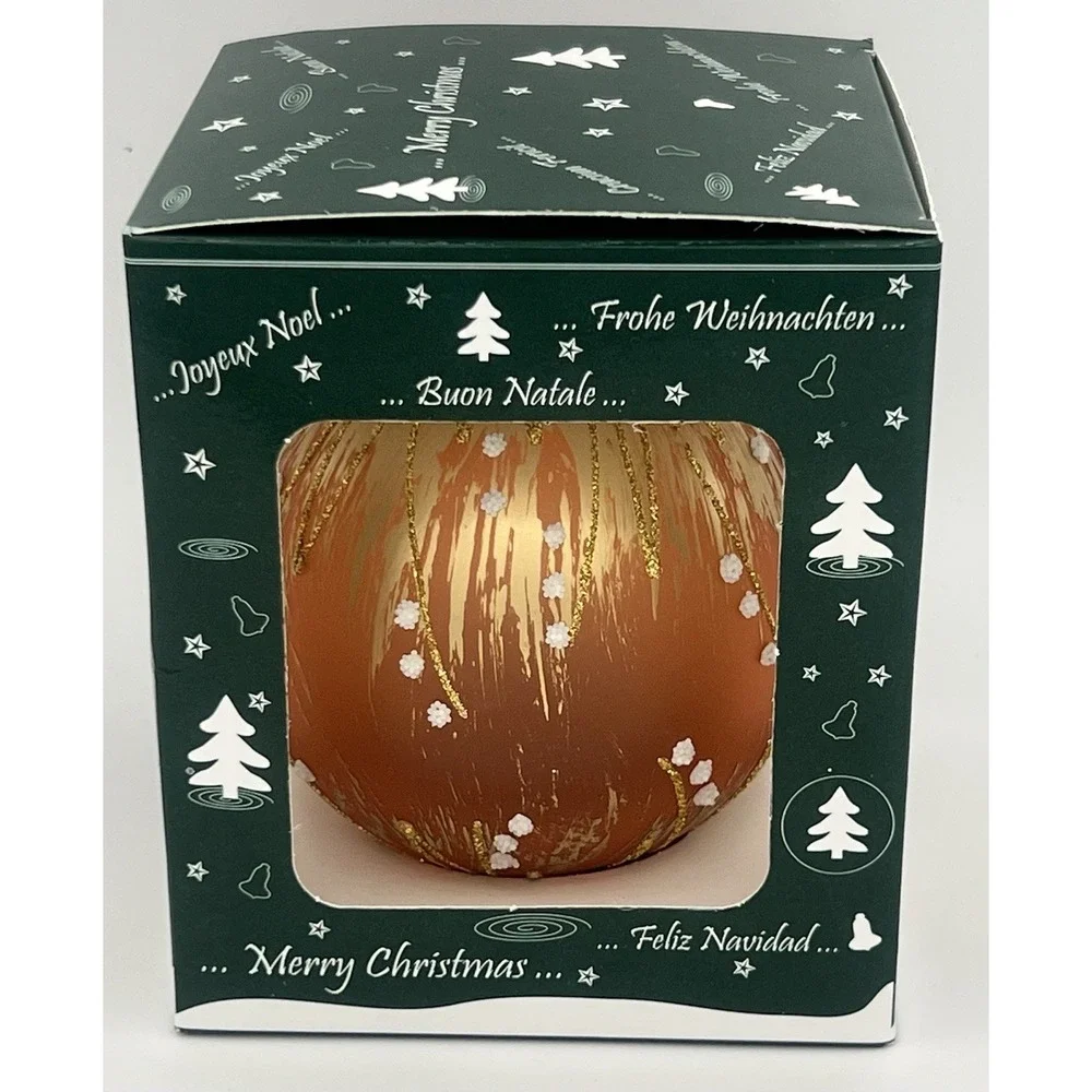 Orange Blown Glass Christmas Ornament Snow Falling Gold Glitter Made in Romania